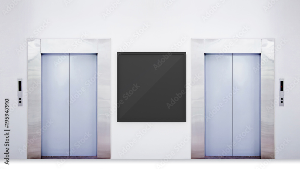 Blank vertical billboard or poster in the elevator hall. 3D illustration of advertising surface. Blank vertical billboard or poster in the elevator hall. 3D illustration of advertising surface.
