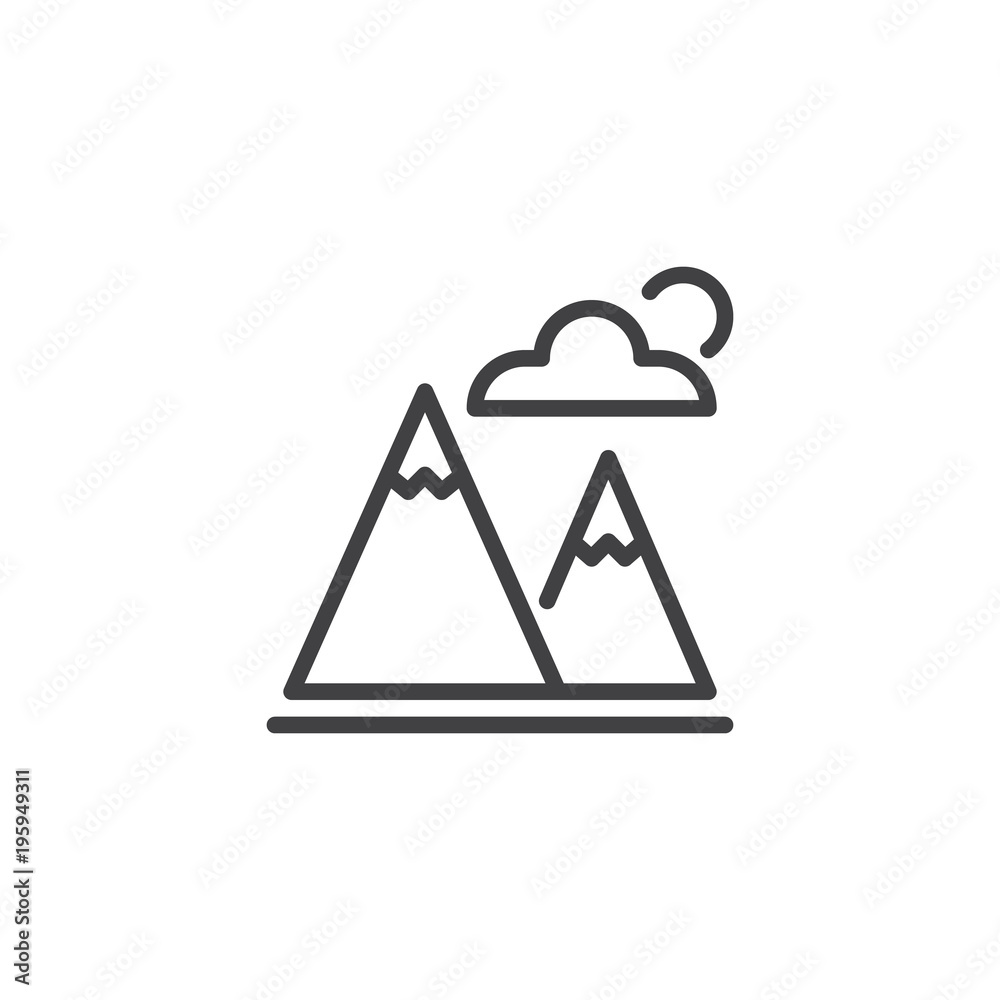 Snowy mountain peaks and clouds outline icon. linear style sign for mobile concept and web design. Mountain landscape simple line vector icon. Symbol, logo illustration Snowy mountain peaks and clouds outline icon. linear style sign for mobile concept and web design. Mountain landscape simple line vector icon. Symbol, logo illustration