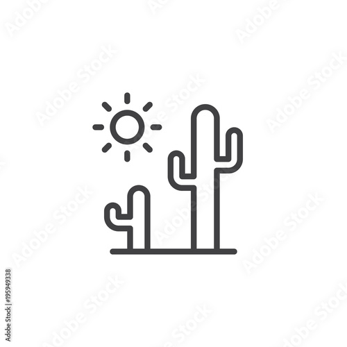 Cactus and sun outline icon. linear style sign for mobile concept and web design. Desert landscape simple line vector icon. Symbol, logo illustration. Pixel perfect vector graphics