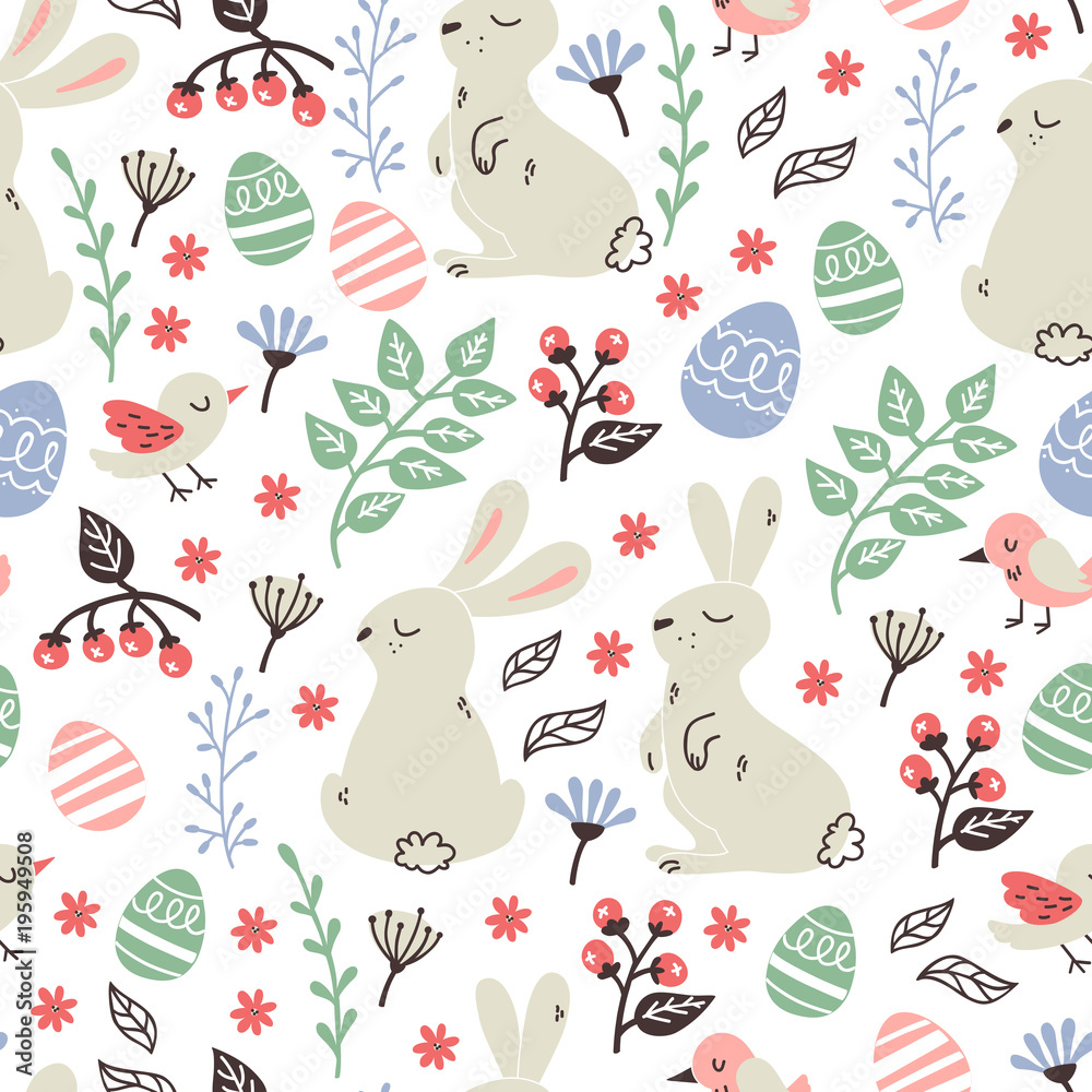 Seamless Backgroun with Flowers, Bunnies, Birds, and Easter Eggs.