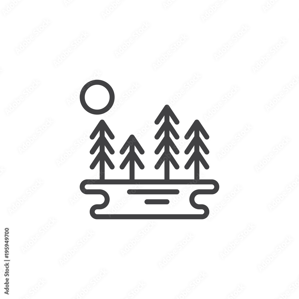 Trees and lake with sun outline icon. linear style sign for mobile concept  and web design. Lake in forest nature landscape simple line vector icon.  Symbol, logo illustration. Pixel perfect vector Stock