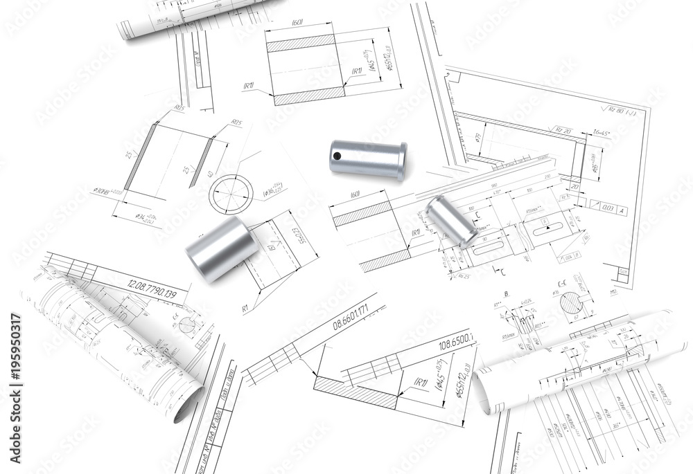 drawing of machine parts. Design documentation. Drawings and metal parts. Shaft, pinion and paper drawings. 3D rendering. project