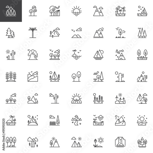 Nature landscapes outline icons set. linear style symbols collection, line signs pack. vector graphics. Set includes icons as forest, field, sunset, sunrise, mountain, desert, island, beach pyramid