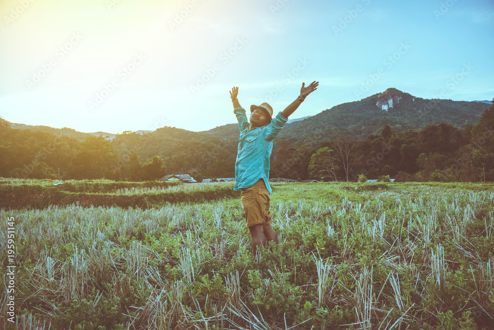 Asian men travel nature. Travel relax. Natural Touch countryside. Thailand Asian men travel nature. Travel relax. Natural Touch countryside. Thailand