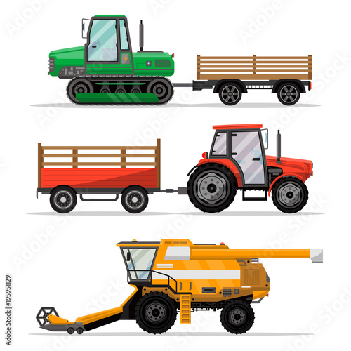 Heavy agricultural machinery for field work isolated set. Wheeled and caterpillar tractors with trailers, combine harvester vector illustration. Rural industrial farm technics, comercial transport.