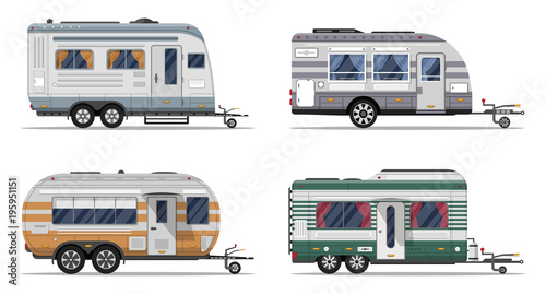 Side view camping trailers isolated on white background. Car RV trailer caravan, motorhome, mobile home for country or nature vacation and activity. Recreational vehicles vans vector illustration.