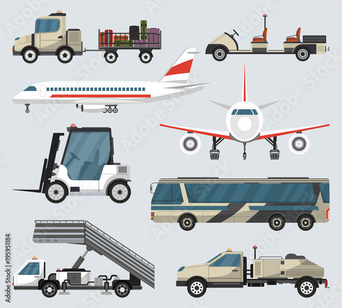 Passenger airport ground technics set. Tow truck, fright forklift, passenger ladder, modern bus, baggage cart, fuel tanker vector illustration. Aviation terminal logistics and infrastructure elements.