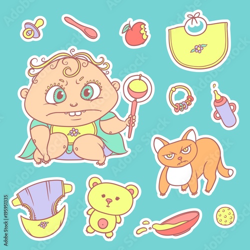 Vector set color sketch illustrations stickers of the angry child and the kitten. Hygiene items, baby care and toys. The flat chubby curly irate kid with big eyes in bright clothes and red cat