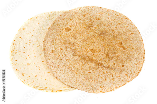 plain and wholegrain wheat tortillas isolated on white