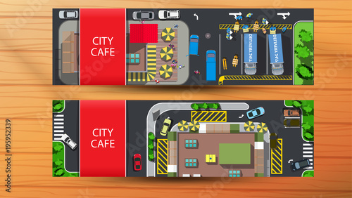 Banners with top view city cafe with parking and cars