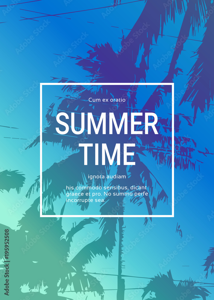 Fotografie Summertime Poster Background With Palm Trees Summer Template Banner Vector Illus
