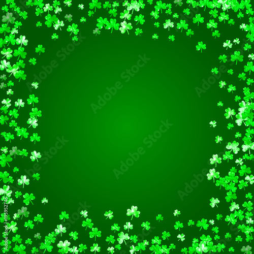 Shamrock background for Saint Patricks Day. Lucky trefoil confetti. Glitter frame of clover leaves.	 Template for gift coupons, vouchers, ads, events. Celtic shamrock background.