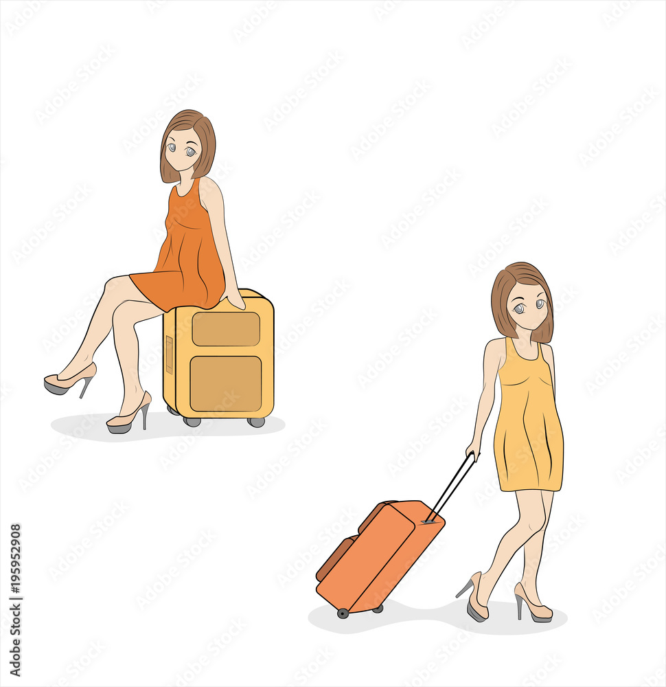 beautiful girls with suitcases. vector illustration.