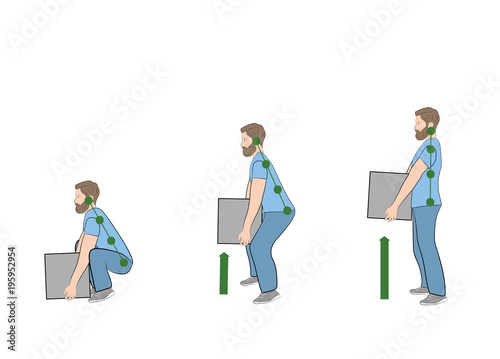 Correct posture to lift a heavy object safely. Illustration of health care. vector illustration
