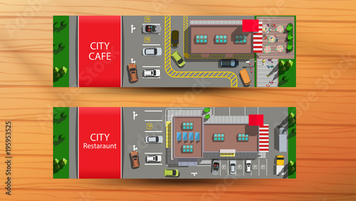 Horizontal banners with top view city cafe with parking