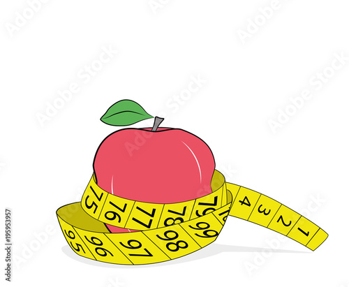 Red apple and measure tape. Illustration on white background. slimming concept. vector illustration.
