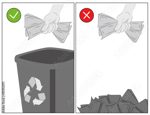 a person throws garbage into the trash can and past. concept of purity. vector illustration.
