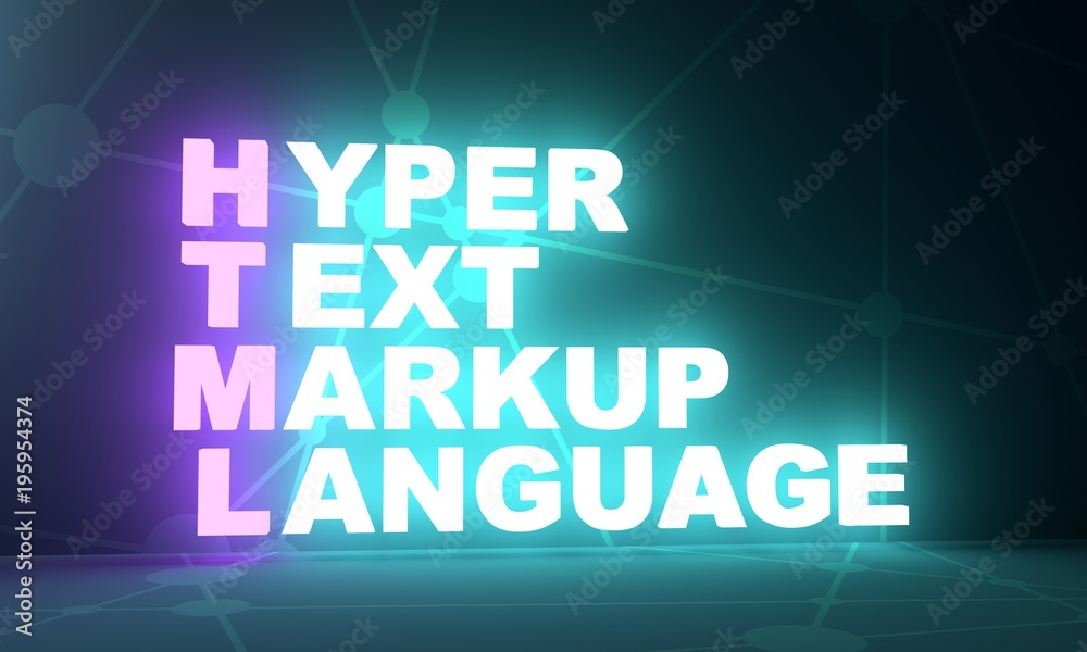 Acronym HTML - Hyper Text Markup Language. Internet conceptual image. 3D rendering. Neon bulb illumination