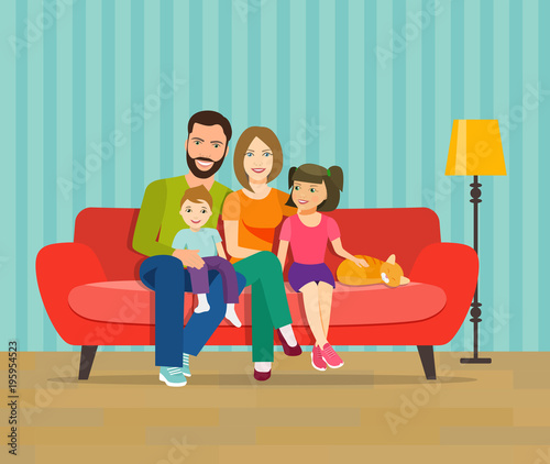 Smiling young parents and their children on sofa in the living room. Vector flat style illustration.