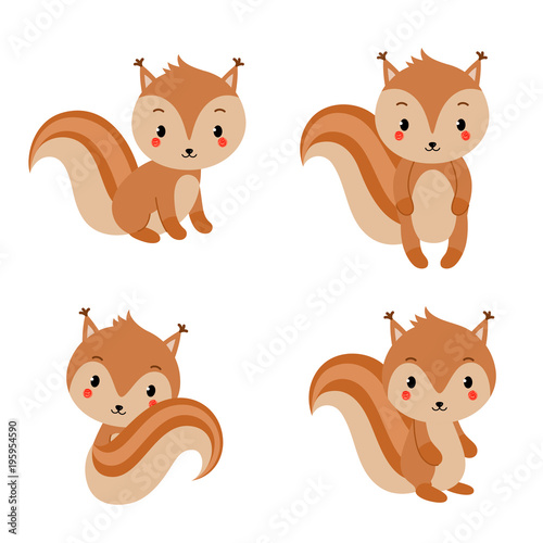 Adorable squirrels collection in modern flat style. Vector illustration.