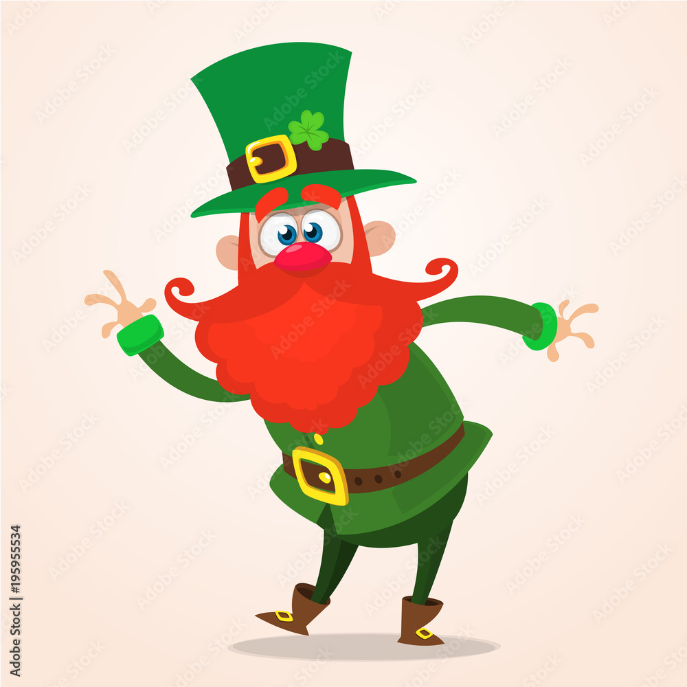 Happy cartoon leprechaun dancing. Vector clip art illustration Stock