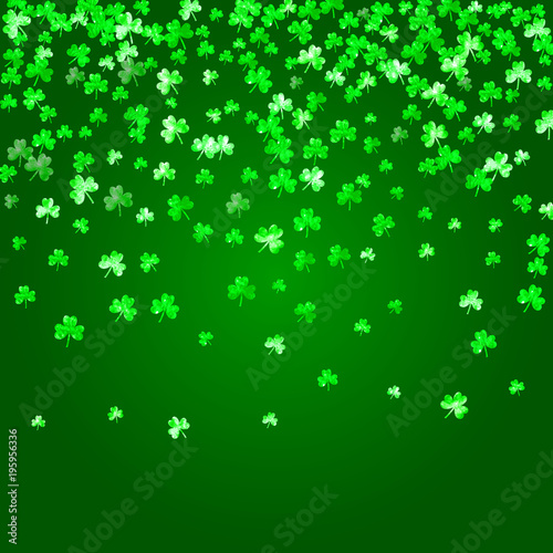 St patricks day background with shamrock. Lucky trefoil confetti. Glitter frame of clover leaves. Template for poster, gift certificate, banner. Irish st patricks day backdrop.