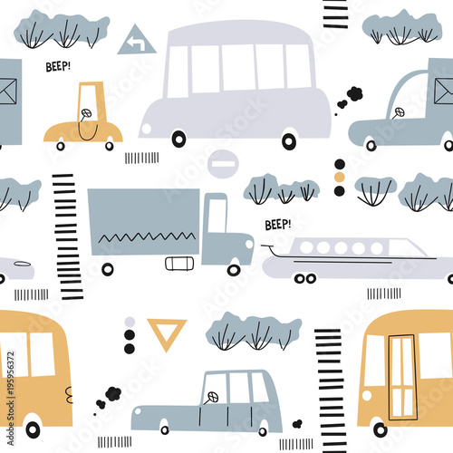 Seamless pattern with hand drawn cute car. Perfect for kids fabric,textile,nursery wallpaper.