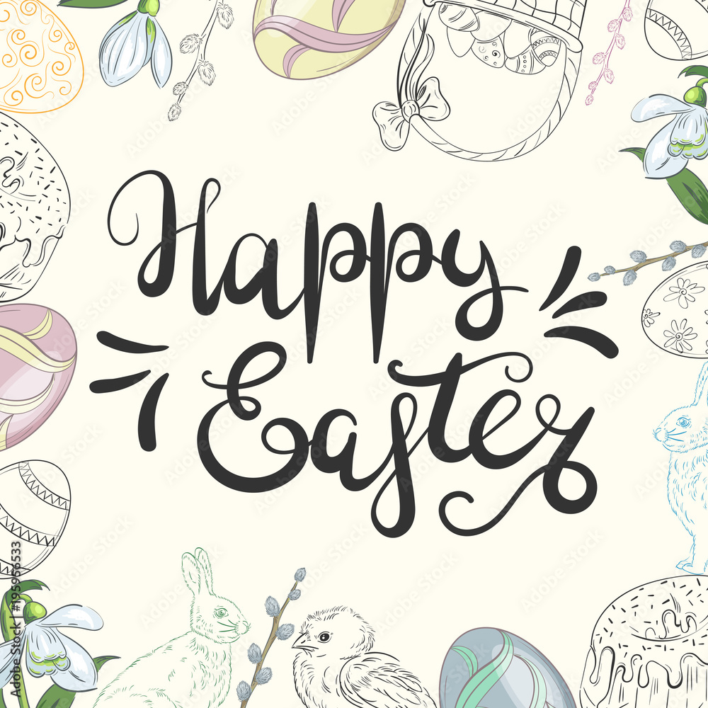 Easter background with traditional decorations. Easter greeting with colored eggs, festive cake, rabbit, etc. 