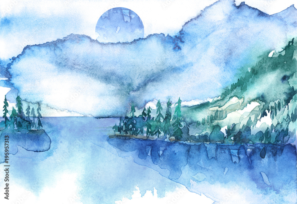 Watercolor mountain landscape, blue, purple  mountains, peak, forest silhouette, reflection in the river, lake, clouds, fog. Watercolor painting, illustration, landscape