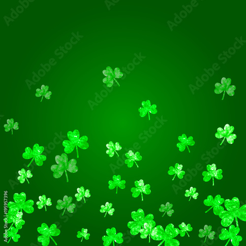 Clover background for Saint Patricks Day. Lucky trefoil confetti. Glitter frame of shamrock leaves. Template for party invite, retail offer and ad. Happy clover background.