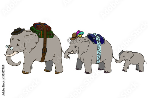 Adorable cartoon illustration whole elephant family walking in a line below touching each other with tenderness