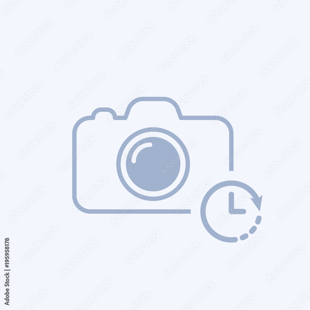 Camera icon with clock sign. Camera icon and countdown, deadline, schedule, planning concept Camera icon with clock sign. Camera icon and countdown, deadline, schedule, planning concept