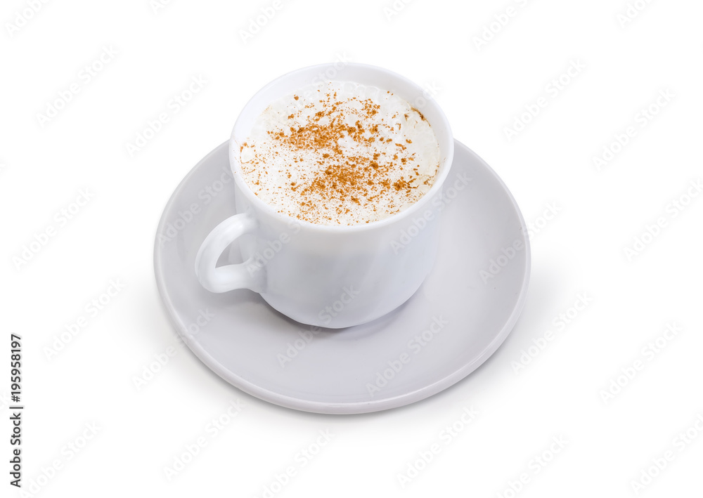 Fototapeta premium Coffee with foamed cream and cinnamon powder in white cup