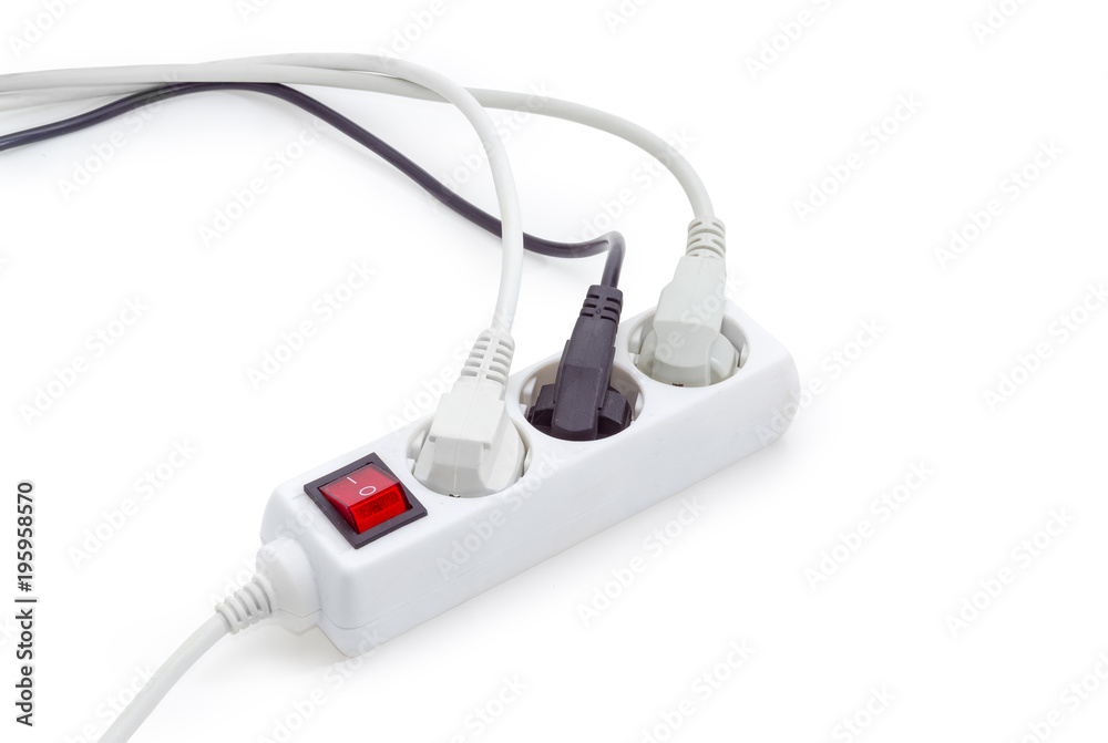 Power strip with three connected power plugs with corresponding cables Power strip with three connected power plugs with corresponding cables