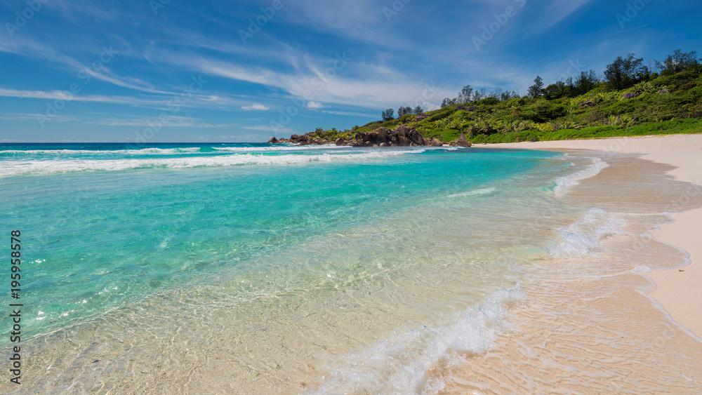 Beautiful Anse Takamaka beach in Mahe island, Seychelles.