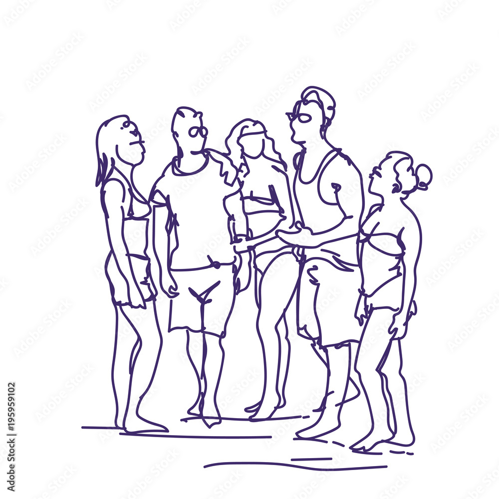 Group Of Sketch People Talking Standing Together Doodle Men And Women Friends Communication Vector Illustration