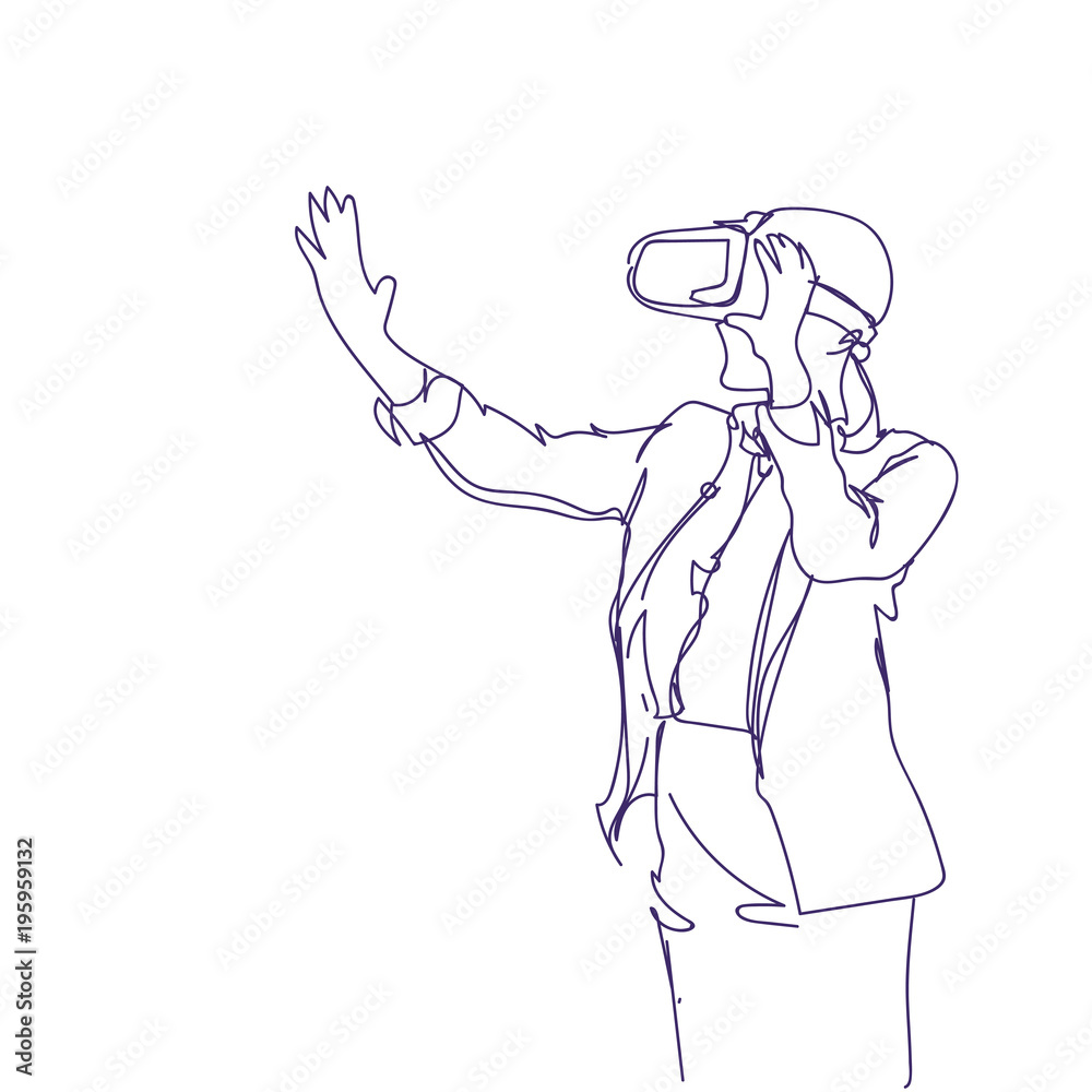 Woman Wearing 3d Headset Virtual Reality Technology Concept Sketch Girl In Digital Glasses Vector Illustration
