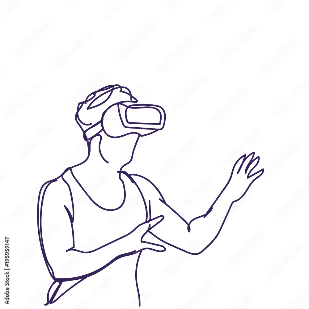 Man Sketch Wearing 3d Glasses Virtual Reality Headset Doodle Guy In Digital Goggles Vector Illustration