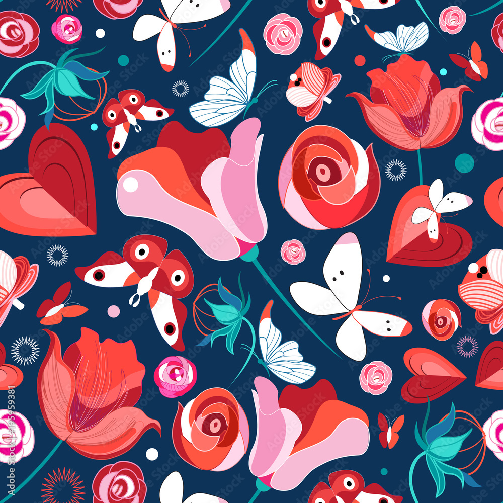 Obraz premium Flower pattern and butterflies