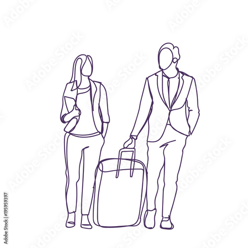 Silhouette Couple Of Business People Travel Together Businessman And Businesswoman With Suitcase Vector Illustration