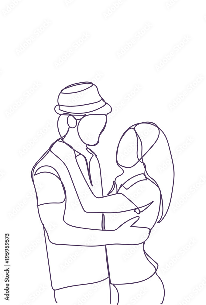 Silhouette Couple Embracing Looking At Each Other, Doodle Man And Woman Hug Over White Background Vector Illustration