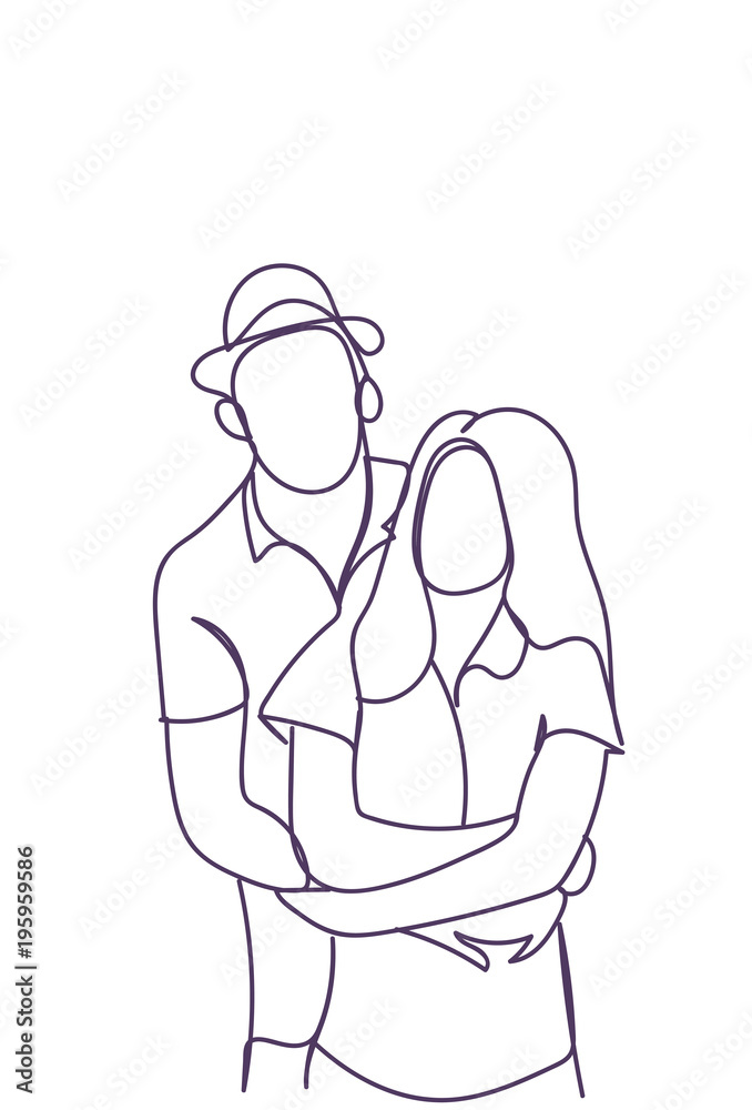Doodle Couple Embracing, Hand Drawn Man And Woman Hug Over White Background Vector Illustration
