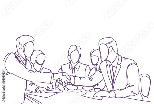 Handshake Concept Two Business Men Leaders Shaking Hands Doodle Silhouette Over Meeting Of Successful Teams Vector Illustration
