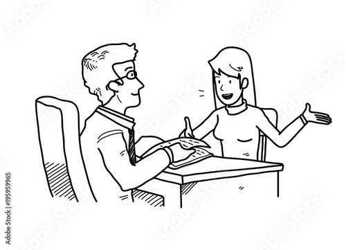 Job Interview Presentation, a hand drawn vector cartoon illustration of a candidate introducing herself to the HRD manager.
