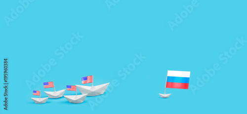 Confrontation between the US and Russia. Threat of nuclear strike. Armed clash warships. Naval battle. War.