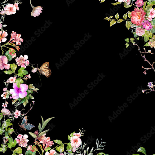 watercolor painting of leaves and flower, on dark background