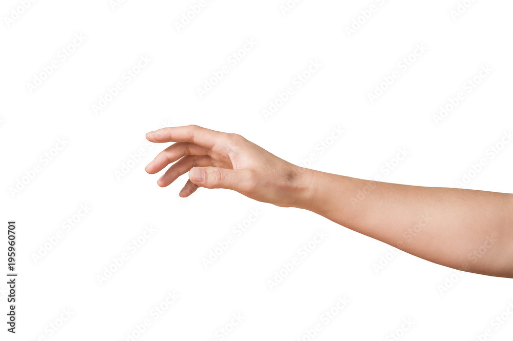 man hand is touching something like a screen monitor isolated on white backgrounds - obrazy, fototapety, plakaty 