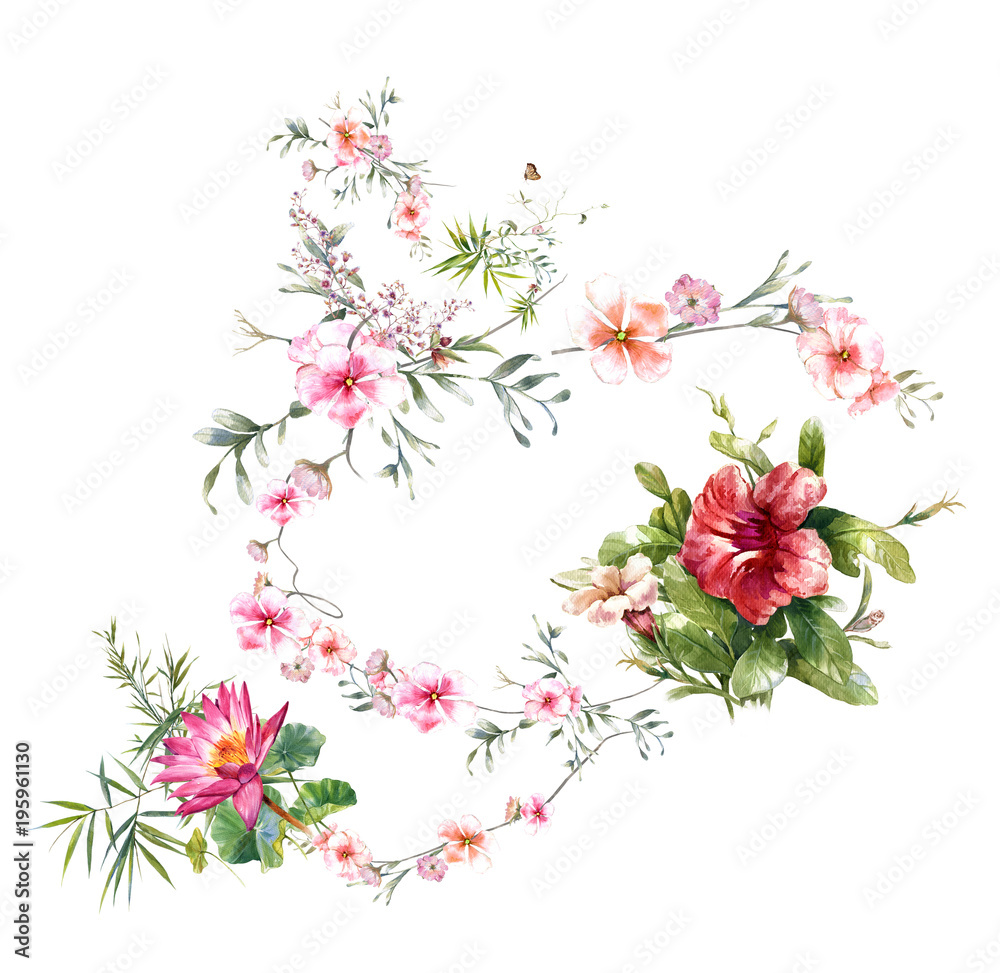 watercolor painting of leaves and flower, on white background watercolor painting of leaves and flower, on white background