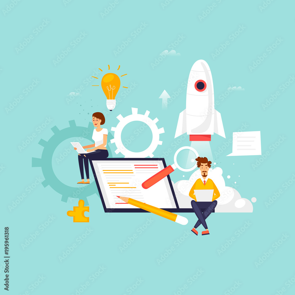 Startup, programmer, business project, idea, project management. Flat design vector illustration. Startup, programmer, business project, idea, project management. Flat design vector illustration.