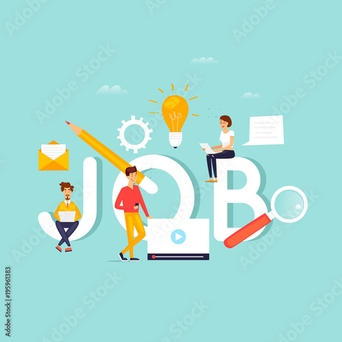Job search, career, freelance, employment, recruitment. Inscription work and people. Flat design vector illustration.